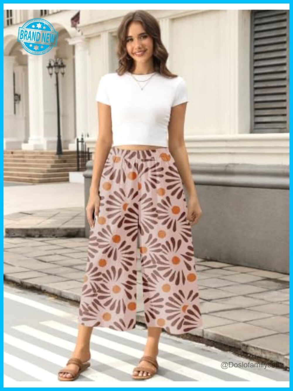 Wide Leg Linen Capri Pants Elastic Waist Palazzo Trousers with Pockets - Picture 2 of 7